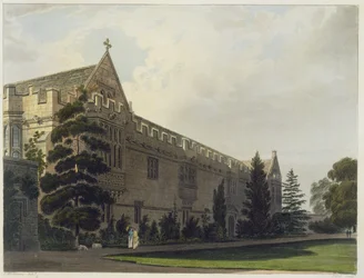 Kolegium św. Jana widziane od strony ogrodu, ilustracja z „Historii Oksfordu”, ryt. J. Hill, wyd. R. Ackermann, 1813 (akwatinta)